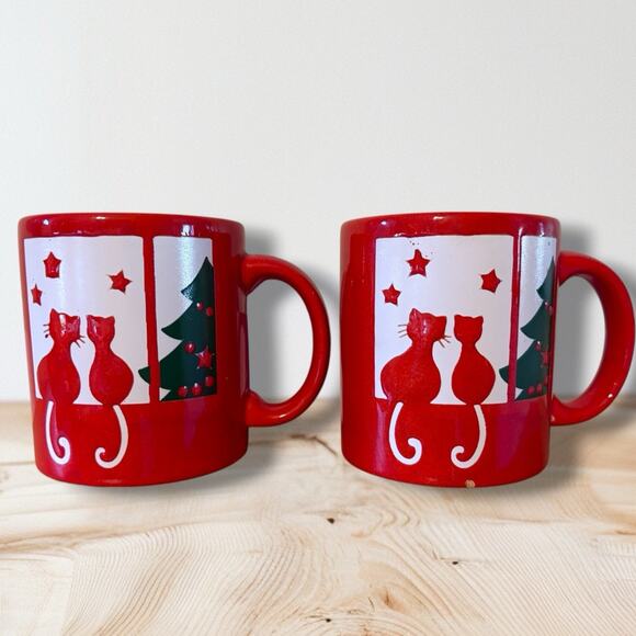 Vintage Waechtersbach Germany Christmas Mugs Red Cats & Tree Coffee Cup Pair 2 - Picture 1 of 7